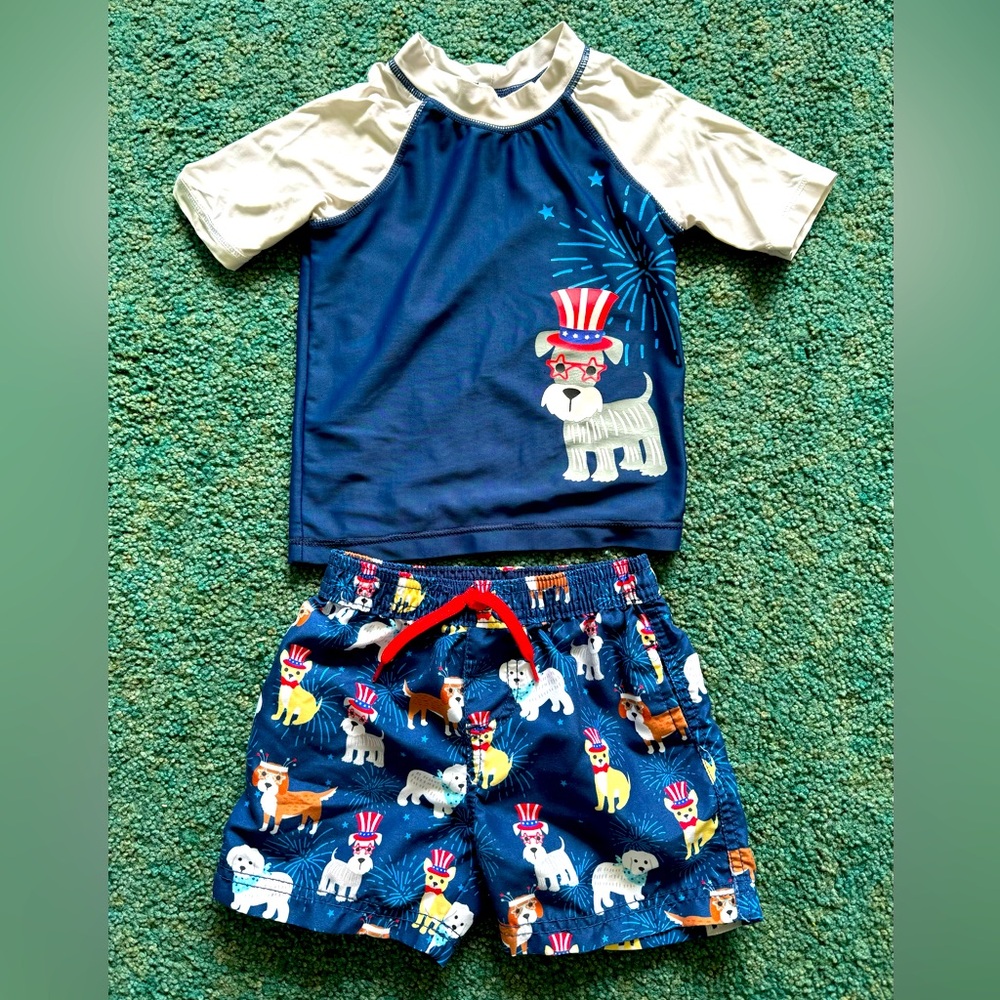 Kiko & Max Toddler Boys Blue Flag Dog Rash Guard Shirt & Swim Trunks Sz 24 month